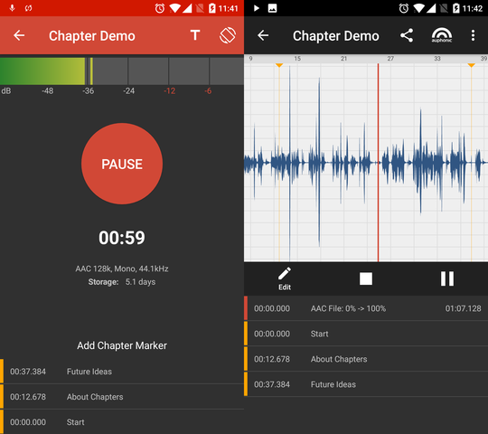 Adding chapter marks in the Auphonic audio recorder app