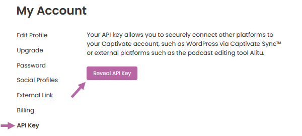 Captivate API Key page