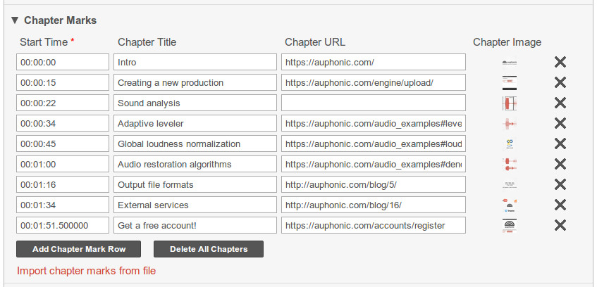 Adding chapter marks in the Auphonic production form