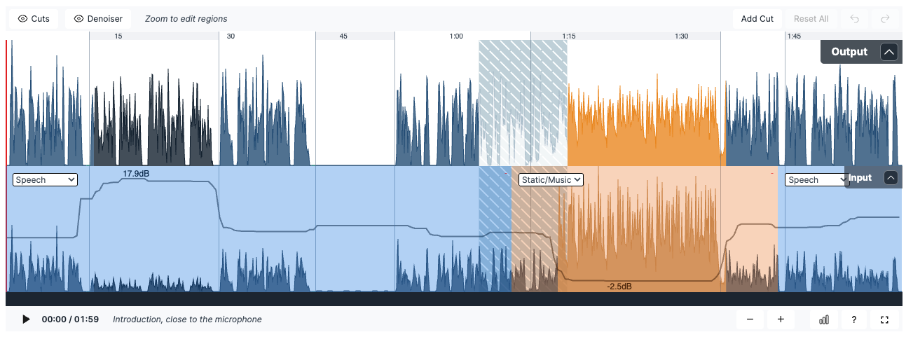 Audio Editing Interface with Denoiser regions