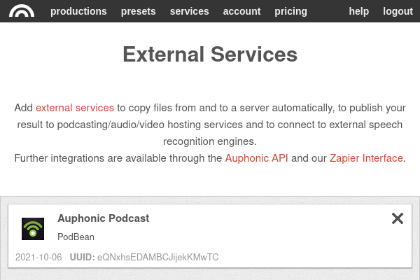PodBean service in the list of connected Auphonic services