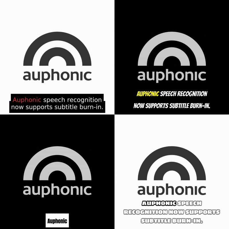 Four different burn-in subtitle styles animating in a 2x2 grid: colored box, bold uppercase outline, glow, and white box