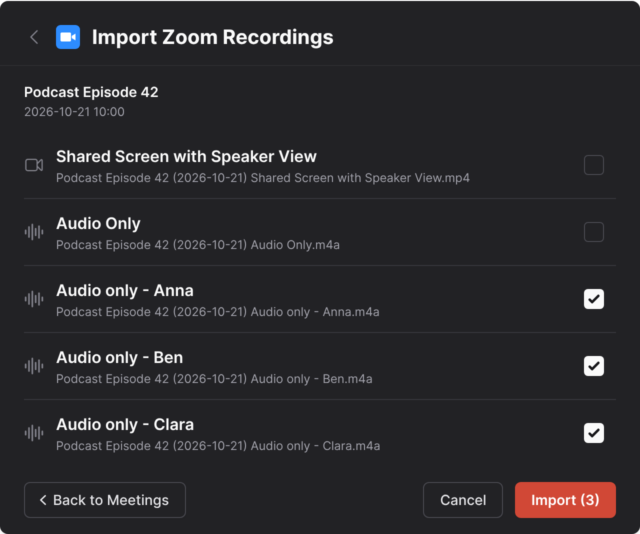 Import Zoom Recordings dialog in Auphonic's dark mode: the separate audio files of three participants are selected, the video and the Audio Only file are not